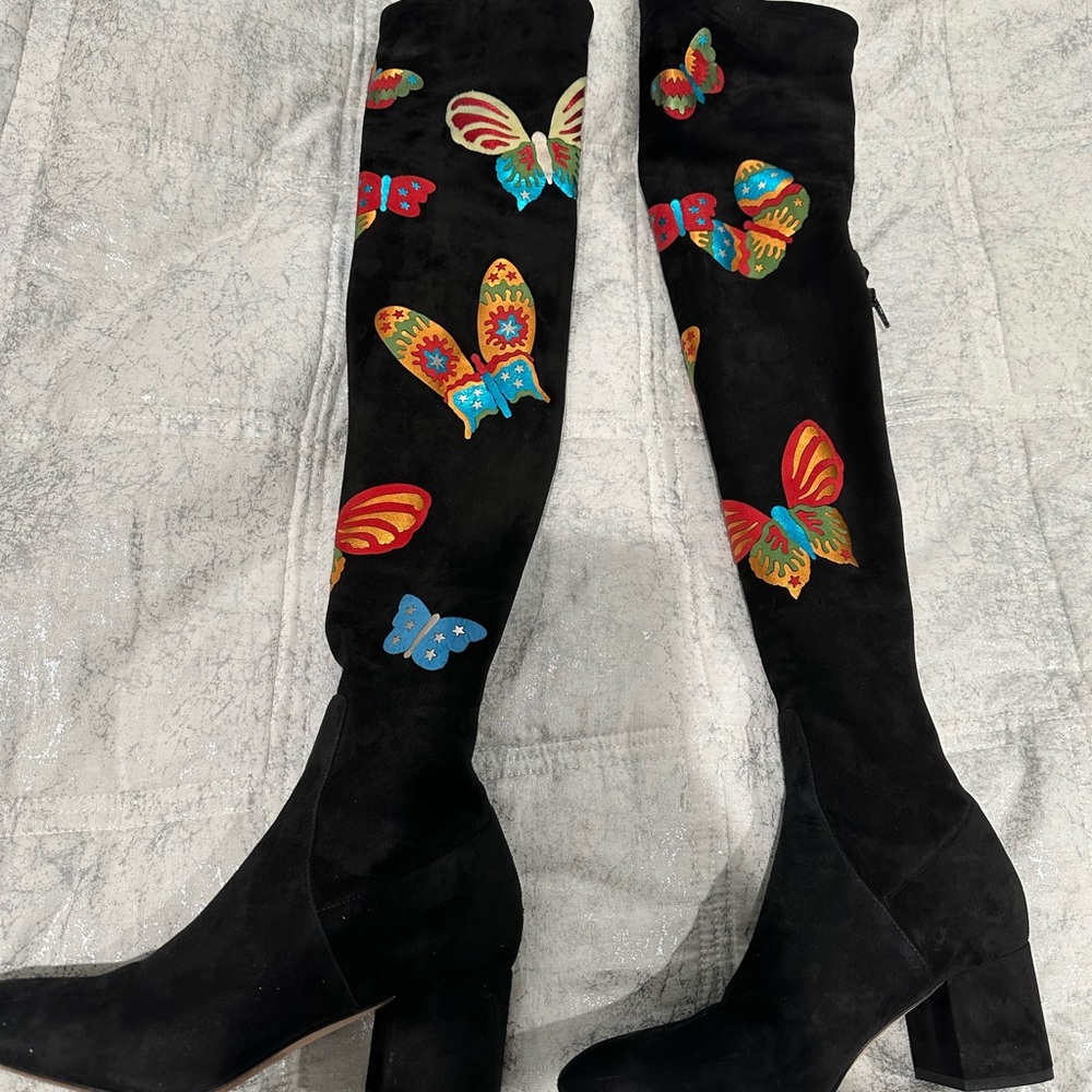Valentino Black Suede W/Metallic Appliquéd Butterfly Boots IT37.5 - Picture 9 of 10